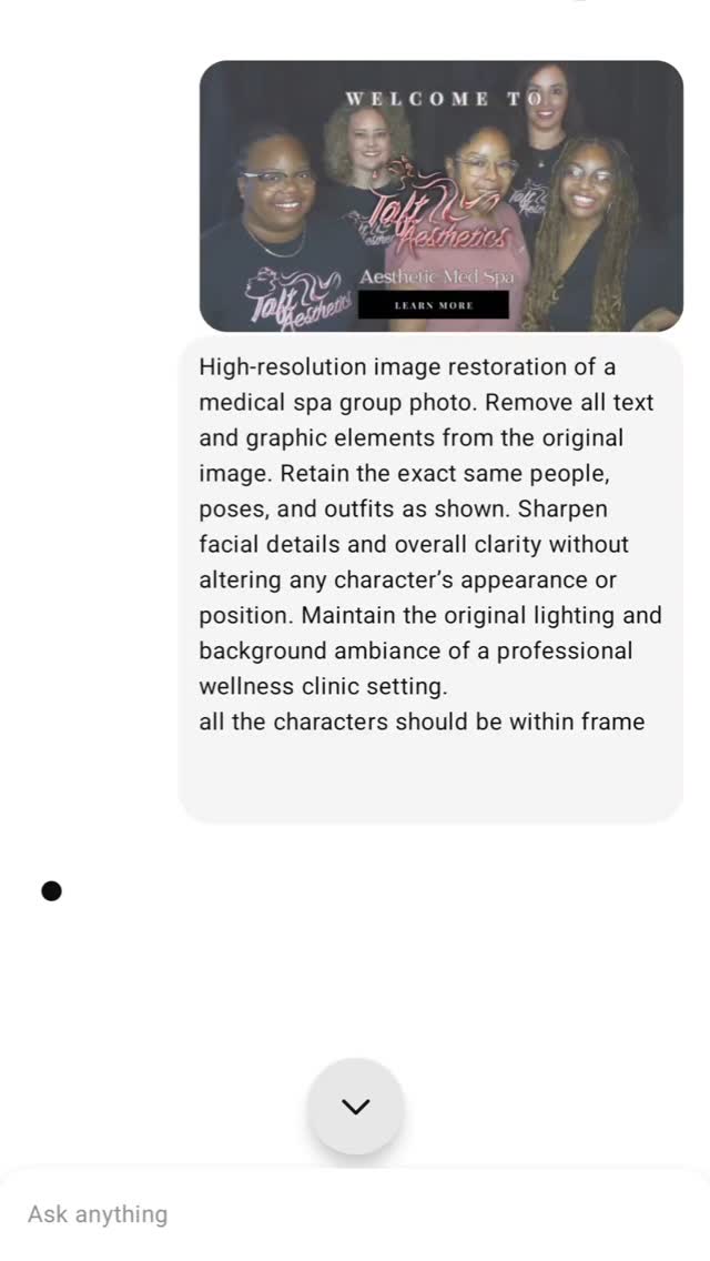 Prompt: High-resolution image restoration of a medical spa group photo. Remove all text and graphic elements from the…